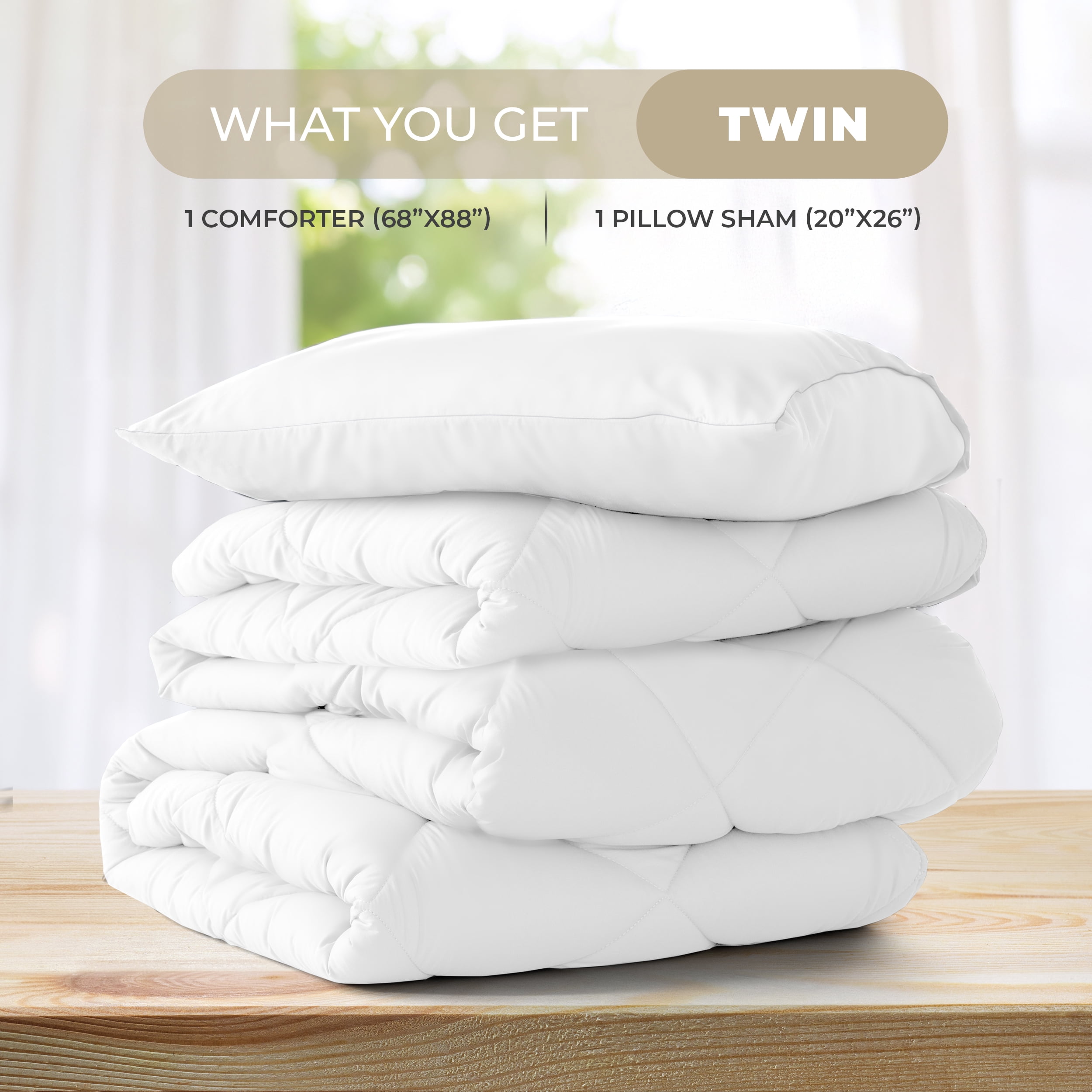 Lux Decor All-Season Comforter Sets Twin Size 2 PC, Reversible Bedding Set with Diamond Quilted Design Comforter and 1 Pillow Sham, Lightweight & Cozy Set de Cama White