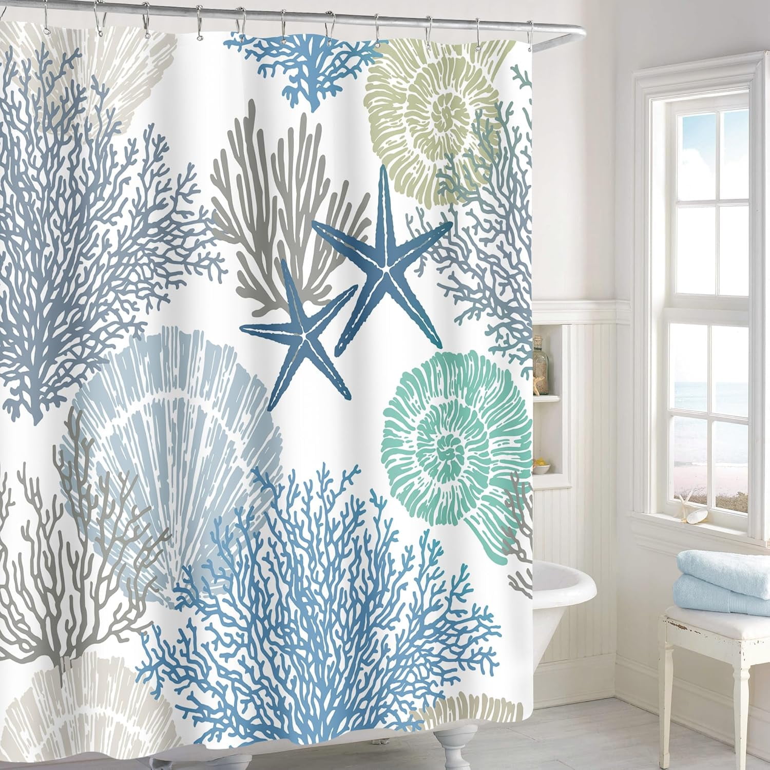 Extra Long Shower Curtain 72 x 84 Inch,Tall Nautical Coastal Fabric Shower Curtain, Summer Tropical Seashell Starfish Coral Beach Ocean Themed Shower Curtain for Bathroom Decor, Blue