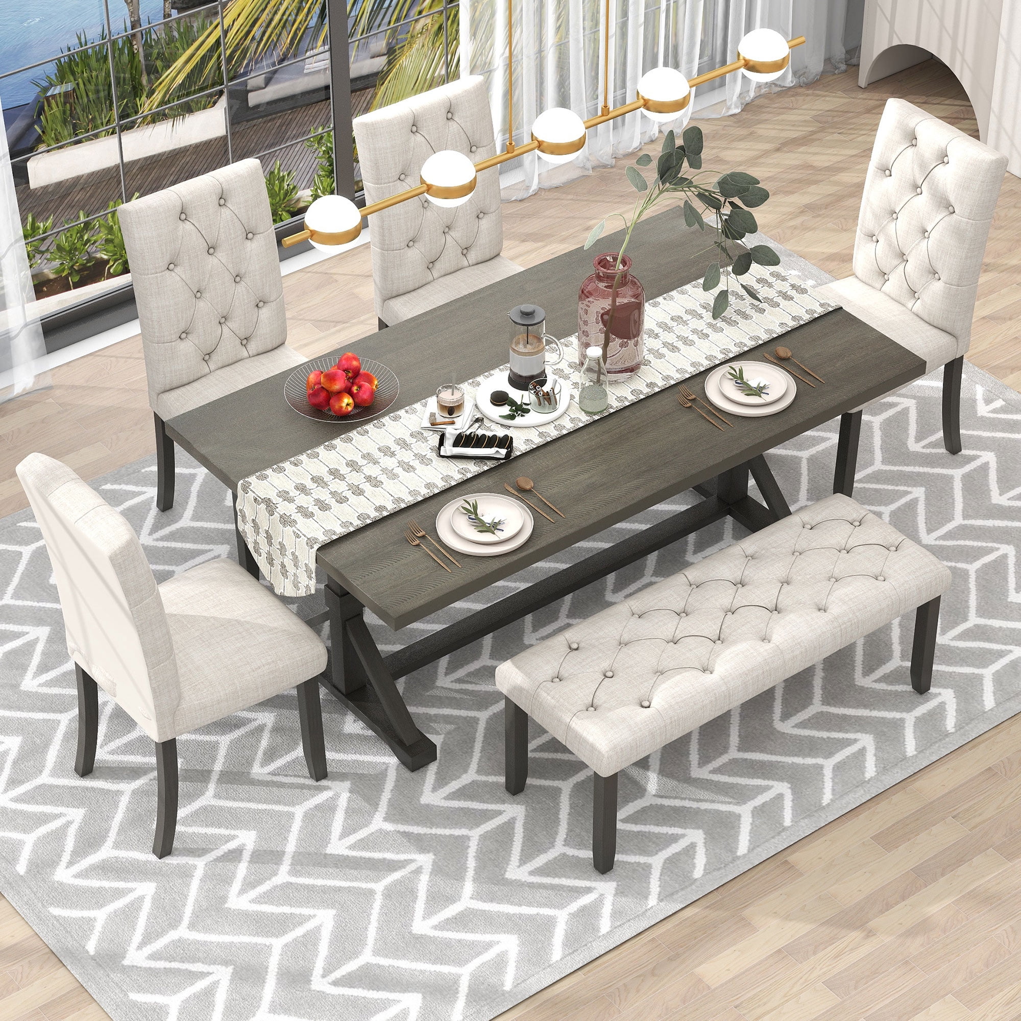Howcool 6-Piece Farmhouse Dining Set, 72" Rectangular Wood Table, 4 Upholstered Chairs & Bench, Gray