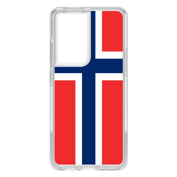 DistinctInk Clear Shockproof Hybrid Case for Galaxy S21 ULTRA 5G (6.8" Screen) - TPU Bumper, Acrylic Back, Tempered Glass Screen Protector - Norway Flag Red White Blue - Love of Norway