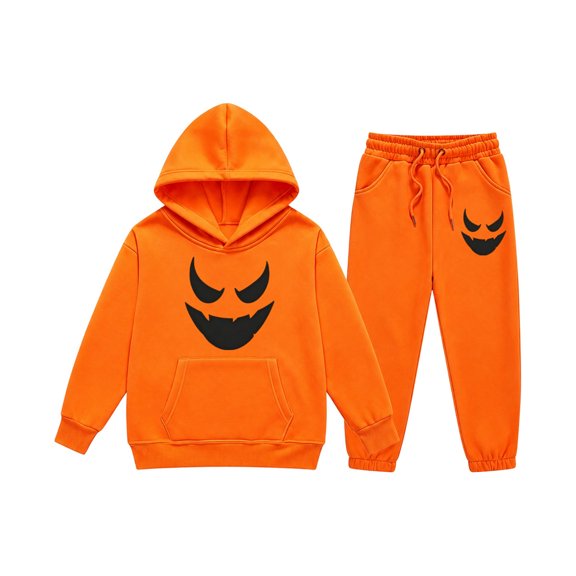 MEZZALL Halloween Pumpkin Print Tracksuit for Girls, Oversized Long Sleeve Hoodie with Pocket & High Waist Jogger Pants Set, Soft Warm Casual Outfit for School Holiday Outdoor Wear Cozy Clothes Sets