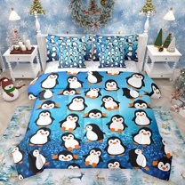 Homewish Cute Cartoon Penguin 7-Piece Twin Bedding Sets,Antarctic Wild Animal Bedding Comforter Set,White Blue Black Sheet Sets For Boys Hgirls,Breathable Home Decor