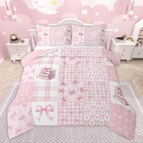 Homewish Girly Pink Bow-tie Full Size Comforter Sets for Child, Kawaii Plaid Bowknot Bedding Comforter Set, Patchwork Buffalo Reversible Bedding Sets, Lightweight Room Decor, 3-Piece
