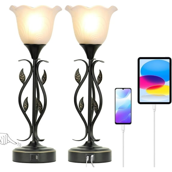 Table Lamp,Bedside Lamps Set of 2, Table Lamp with USB Port 3 Way Dimmable Touch lamp Torchiere Nightstand Lamps with Rustic Vines Leaf and Glass Flower Shade lamp for Bedroom, Living Room, Office