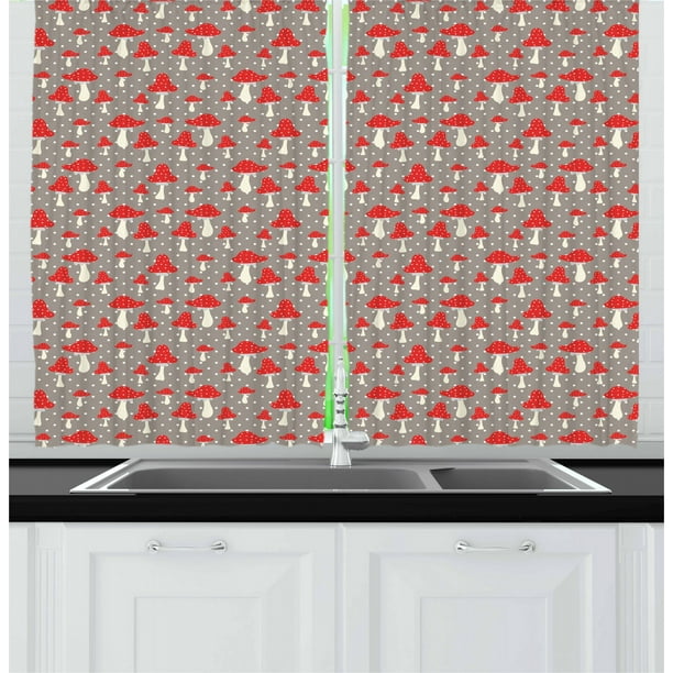 Mushroom Kitchen Curtains, Amanita Mushrooms Pattern with Polka Dotted