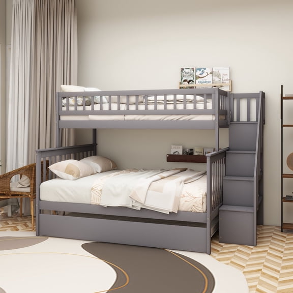 Twin over Full Bunk Bed with Trundle and Staircase,Gray