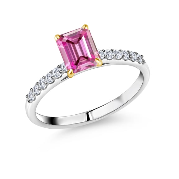 Gem Stone King 925 Sterling Silver Ring with 10K Yellow Gold Prongs Pink Moissanite and Lab Grown Diamond (1.93 Cttw, Size 6)
