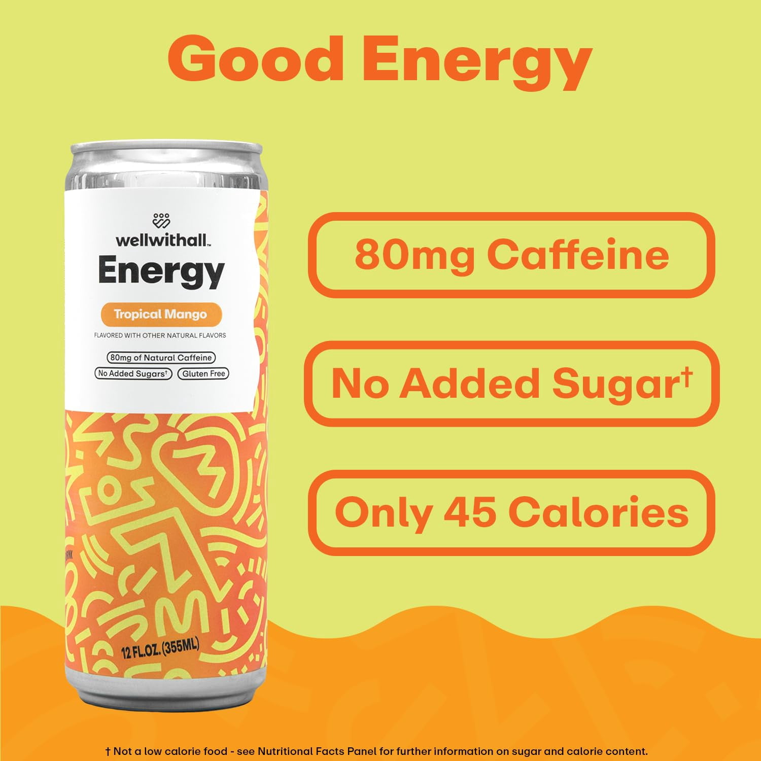 WellWithAll Energy Drink - Tropical Mango - Natural Caffeine - Lightly Sparkling 12 oz, 12 Pack