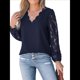 thumbnail image 2 of Blusa Elegante de Encaje para Mujer, Larga, Cuello en V, Ojales, Elegante, para Fiesta, Floral, con Cuello en V Festoneado Azul Marino XL, 2 of 9