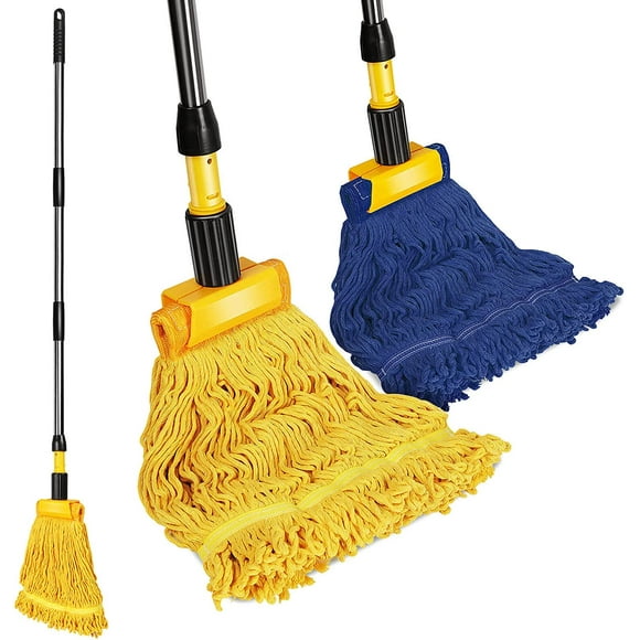 Commercial Mop, Looped-End String Industrial Mop, Heavy Duty Mops with 2 String Mop Heads for Floor Cleaning, Blue
