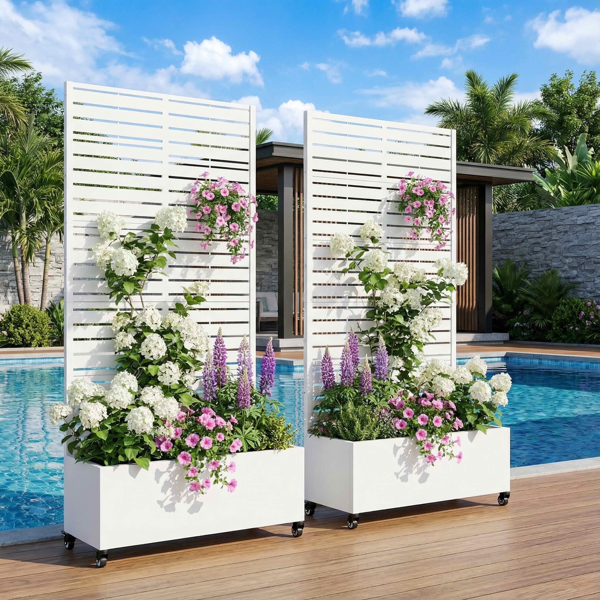 MAYEERTY 72x35 White Double-sided Rectangular Iron Planter Box with Trellis, 5 Piece Set Decorative Garden Screen for Patio and Balcony