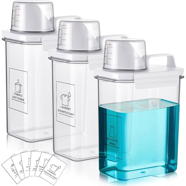 Tatuo 3 Pack Laundry Detergent Dispenser 61 oz Clear Liquid Container with 6 Removable Labels, Fabric Softener Pet Plastic Detergent Dispenser for Laundry Room Organization and Storage