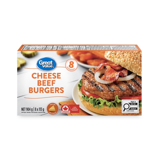 Burgers de bœuf et fromage surgelés Great Value 8 x 113 g, 904 g