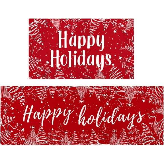 Merry Christmas Kitchen Rugs and Mats for Floor Set of 2,Happy Holiday Xmas Trees Winter Sink Mat Non Skid Washable for Home Farmhouse Decor 17"x47" 17"x30"