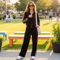 thumbnail image 5 of Szluipve 2 Piece Sets for Women Velour Tracksuit 2 Piece Outfit Half Zip Stand Collar Top Leopard Print Side Stripe Wide Leg Pants Casual Loungewear Set Black XL, 5 of 7