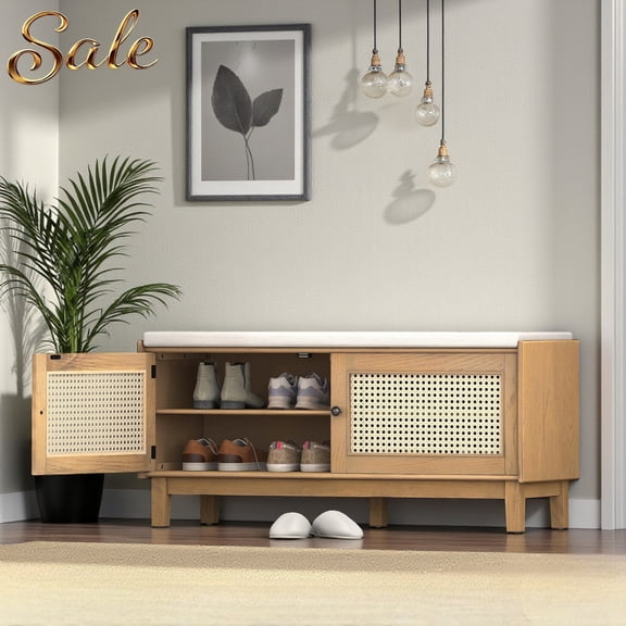 GZXS Bohemian Entryway Shoe Storage Bench with 2 Rattan Doors & Padded Seat Cushion, 43"W x 15.4"D x 19.9"H, for Entryway, Living Room, Bedroom, Brown