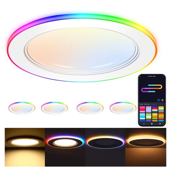 CLOUDY BAY [4 Pack] 6 Inch RGB Smart Recessed Lighting with Gradient Accent Light and Night Light,2700K~6500K,15W Recessed Lights Ultra-Thin Downlight Compatible wit