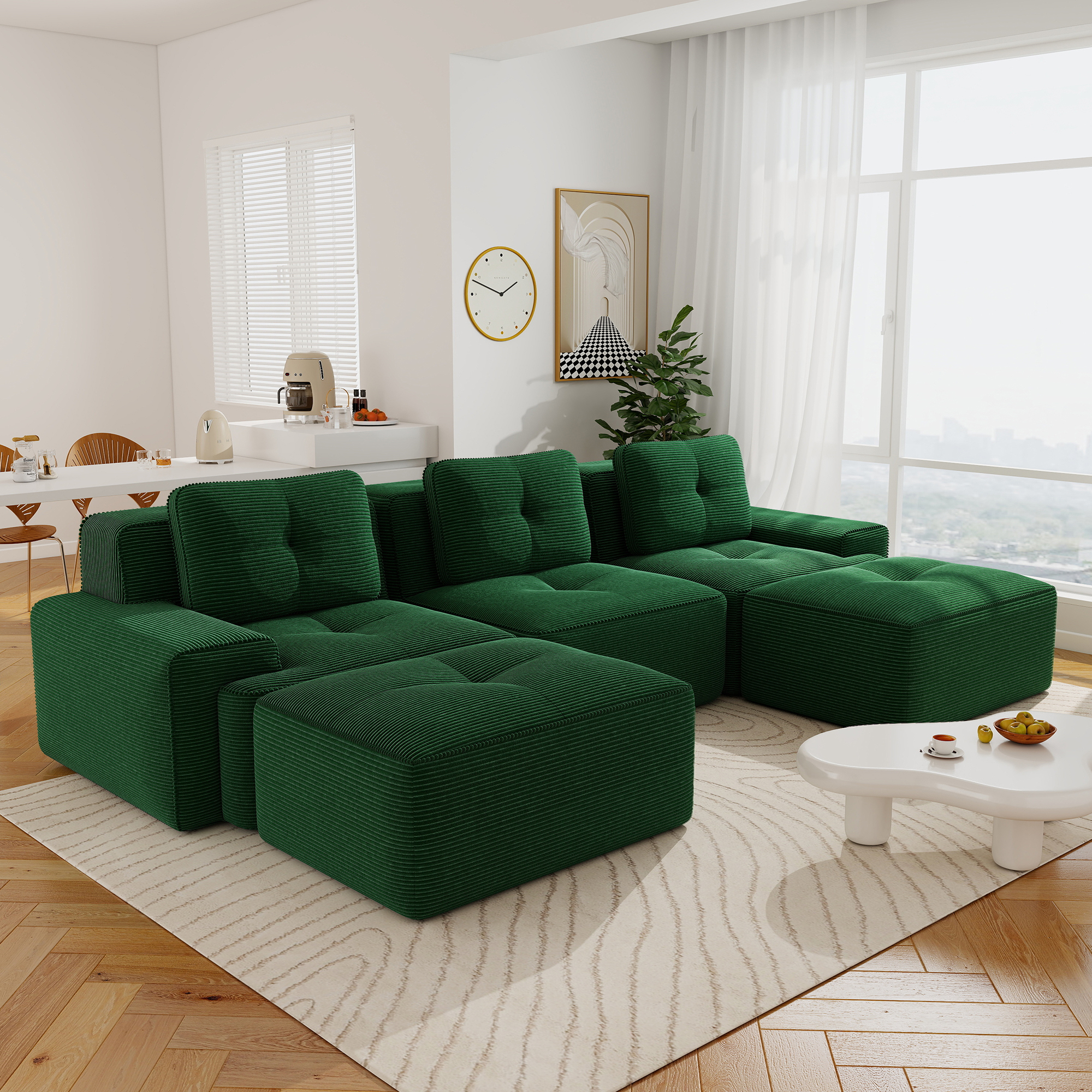 Aukfa 5-Piece Tufted Modular Corduroy Sectional Sofa with 2 Ottomans for Living Room, 29.5" Deep Seat, Green