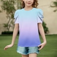 thumbnail image 2 of AJTQTH Cute Girls Summer Puff Sleeve Tops Loose Fit Casual Striped Color Block Printed Crew Neck Graphic T-Shirts School Outfit Clothes B-Blue 14-15 Years, 2 of 4