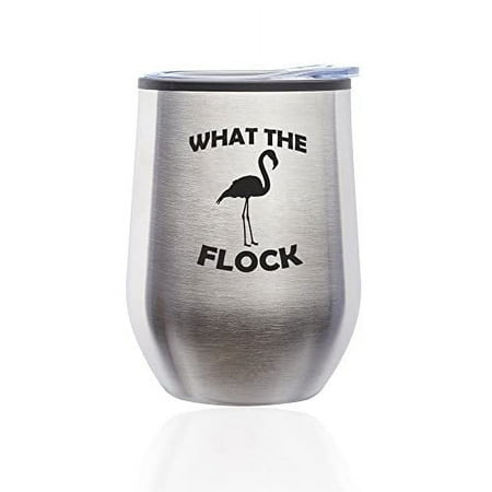 

Stemless Wine Tumbler Coffee Travel Mug Glass with Lid What The Flock Funny Flamingo (Silver)