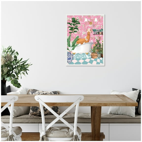 Kate and Laurel Maximalist Llama Bath Framed Canvas Wall Art by Honey Island Studio 18 x 24 Sylvie White, Whimsical, Animals, Bathroom, Flowers, Humor Art for Wall Decor, Living Room, Bedroom