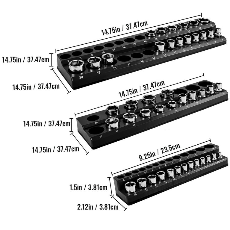 3 Piece Sae Magnetic Socket Organizers, Socket Organizers For Toolboxes,  Socket Organizer, Magnetic Socket Holder, Black Tool Box Organizer, Red,  Sae Quick Shipping Available at Unique Piece Furniture Dallas & Acworth