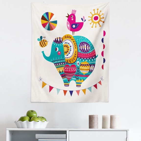 Cartoon Tapestry, Eastern Inspired Bird and Bee Oriental Themed Art Design Sun and Moon, Fabric Wall Hanging Decor for Bedroom Living Room Dorm, 5 Sizes, Multicolor, by Ambesonne