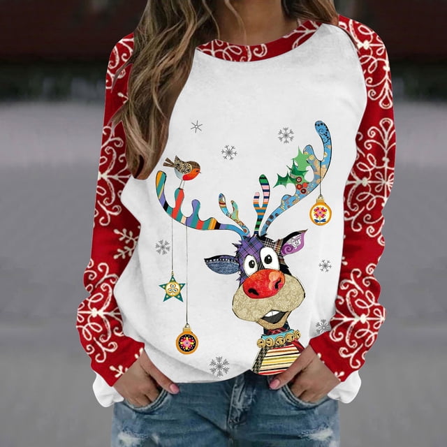 Chandails à Capuchon pour Femmes Mode Imprimée T-shirt Ample Manches Longues Blouse Col Rond Hauts Décontractés Chandail en Molleton Mignon Chandails à Capuchon en Solde