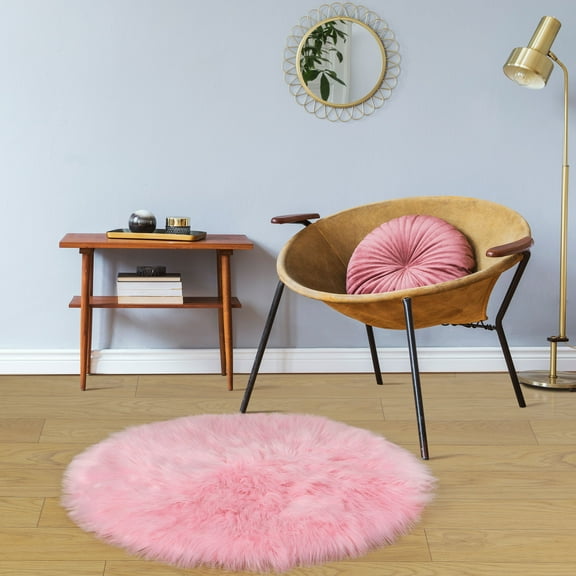 REGALWOVEN Area Rug Faux Fur Carpet for Home, 3x3 Feet Round, Light Pink
