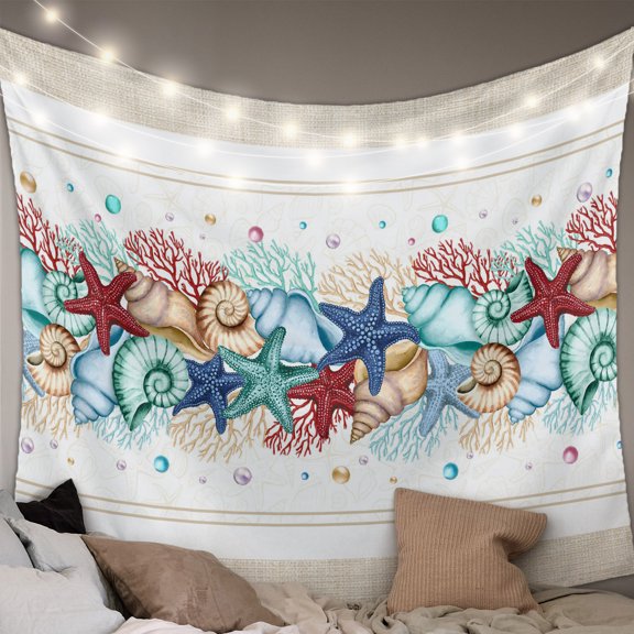 Blue Starfish Beach Large Tapestry for Bedroom Wall Hanging Tapestry,Summer Coral Conch Coastal Retro Beige Ceiling Backdrop Tapestries Poster Blanket Wall Decor for Teens Room Living Room 86" x 104"