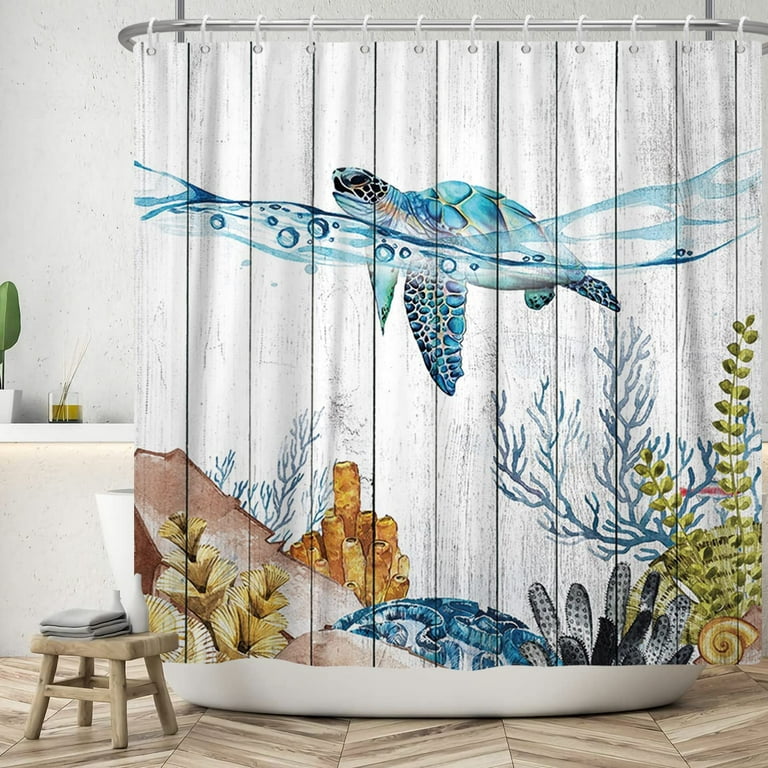 Nautical Sea Turtle Shower Curtain Ocean Theme Tropical Fish Coral Under  The Sea Shower Curtains for Kids Funny Bathroom Decor 72x72 Inch Polyester  Fabric with Hooks 