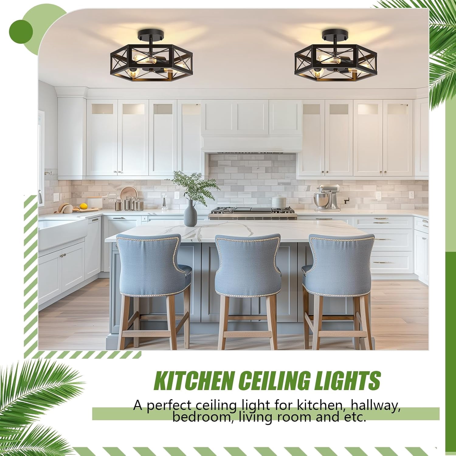 3-Light Kitchen Light Fixtures Ceiling Mount, Black Semi Flush Mount Ceiling Light for Dining Room Light Fixture, Farmhouse Close to Ceiling Lights with Metal Hexagon Cage for Bedroom Hallway