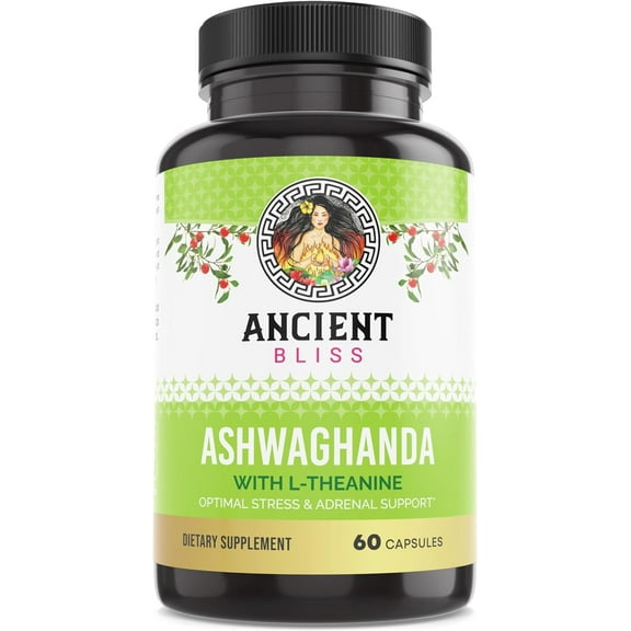 Ancient Bliss Ashwagandha with L-Theanine & Black Pepper Extract Capsules, Energy & Natural Mood Support Supplement, Focus Supplement for Adults
