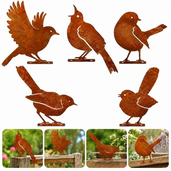 5 Pack Weathered Rustic Metal Bird Silhouette Ornaments, Multi-Shape Alloy Steel Garden Statues with Mount Holes for Fence Tree Gate Backyard Decor