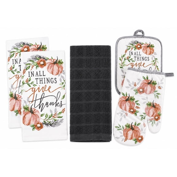 Serafina Home 5-Piece Contemporary Fall Harvest Thanksgiving Cotton "In All Things Give Thanks" Kitchen Towels and Pot Holder Set