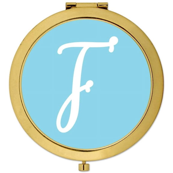 Koyal Wholesale Gold Compact Mirror Bridesmaid's Wedding Gift, Baby Blue, Monogram Letter F, 1-Pack