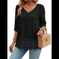 thumbnail image 1 of Camiseta de Verano con Cuello en V, 3/4, Estilo Retro, y con Bordado de Patchwork de Encaje Vintage para Mujer. Negro XL, 1 of 10
