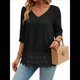 thumbnail image 1 of Camiseta de Verano con Cuello en V, 3/4, Estilo Retro, y con Bordado de Patchwork de Encaje Vintage para Mujer. Negro XL, 1 of 10