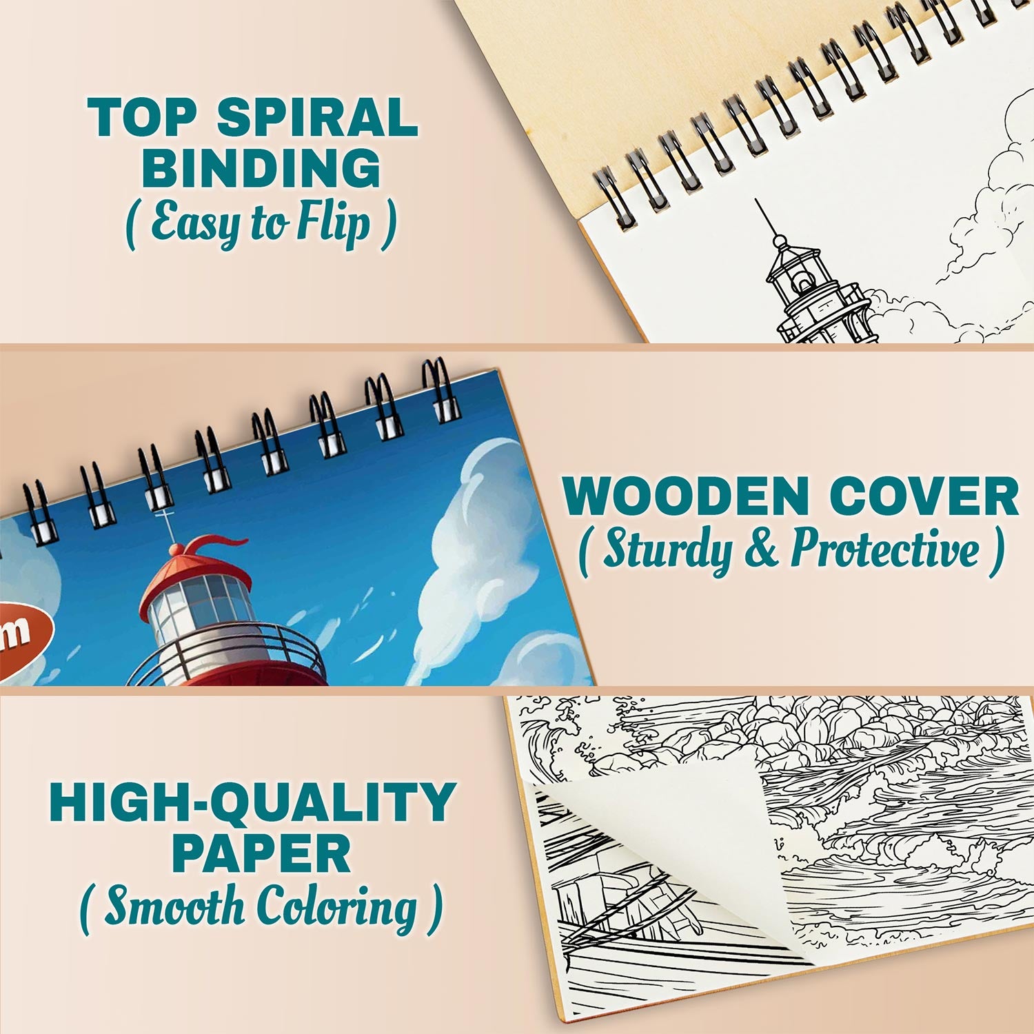 Netecom Lighthouse Coloring Book for Adults, Spiral Bound Edition, A5 Wooden Cover, 30 Serene Coloring Pages of Guiding Light for Stress Relief and Relaxation