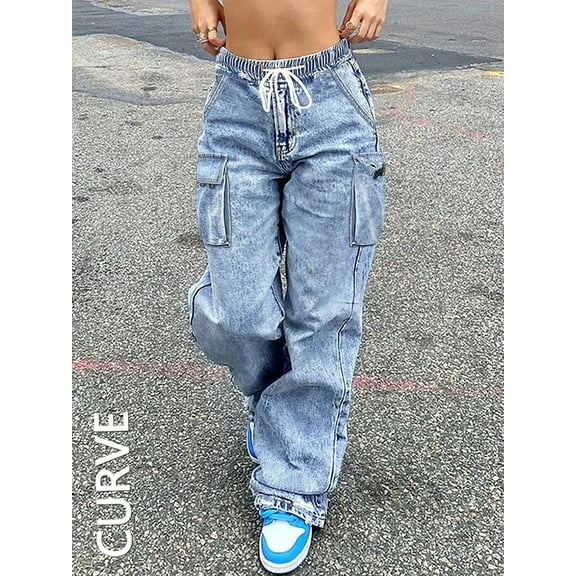 Women's Loose Fit Cargo Denim Pants Wide-Leg Workwear Jeans With Elastic Drawstring Waist Non-Stretch Comfortable Casual Trousers Denim Plus Size Women's Clothing