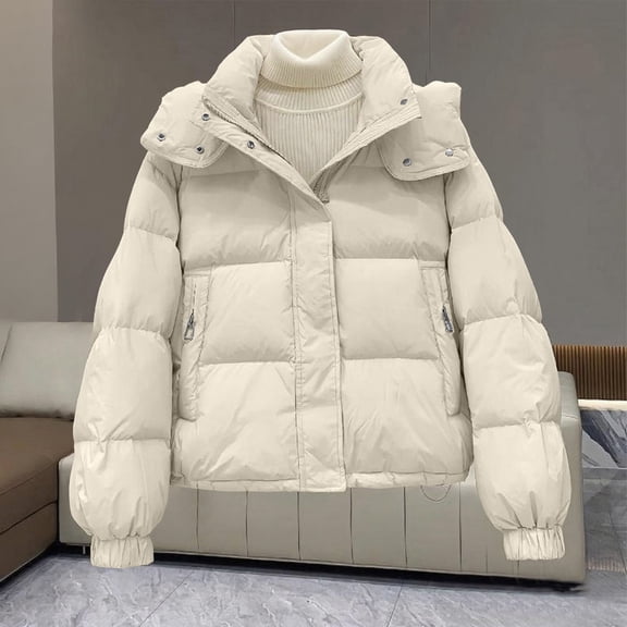 Women's Thickened Puffer Jacket, Bread Loaf Style Winter Warm Coat, Quilted Cotton Padded Outerwear, Lightweight Cold Weather Jacket, Casual Thermal Insulated Parka Beige L