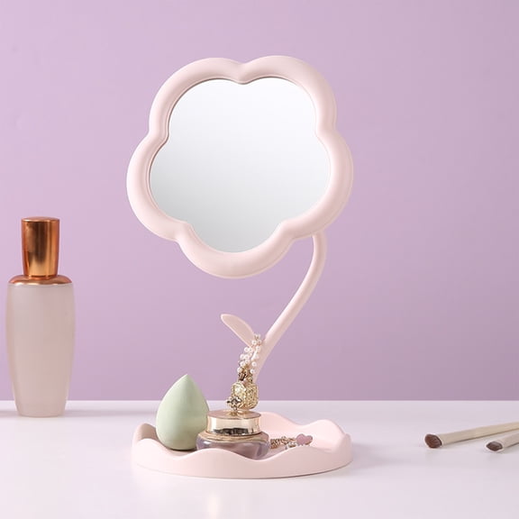 AuroraX Sunflowe makeup mirror compact, Pink standing mirror with storage for home dresser, dormitory desktop, suitable for home and travel