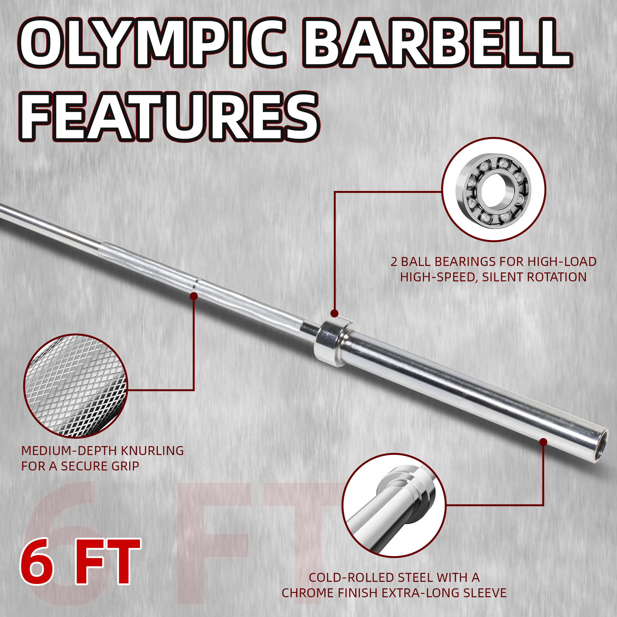 Signature Fitness Olympic Straight Barbell, 6FT Alloy Steel Weightlifting Bar with 2IN Sleeves, Silver Finish for Bench Press and Squats