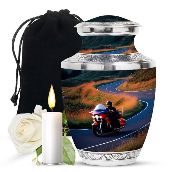 JAGASY Bike Large Urn for Ashes for Women & Men, Black Urns for Human Ashes Adult Female, Grassy Landscape & Road Decorative Urns for Father, Handmade Cremation Urn for Mother, (10 Inch)