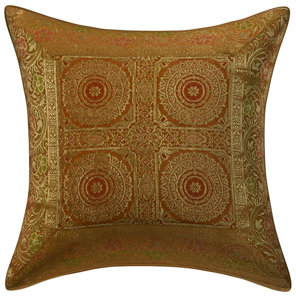 Stylo Culture Ethnic Sofa Throw Pillow Cover 16x16 Jacquard Mustard Yellow Square 40cm x 40cm Home Decor Brocade Floral Mandala Zippered Cushion Cover | 1 Pc