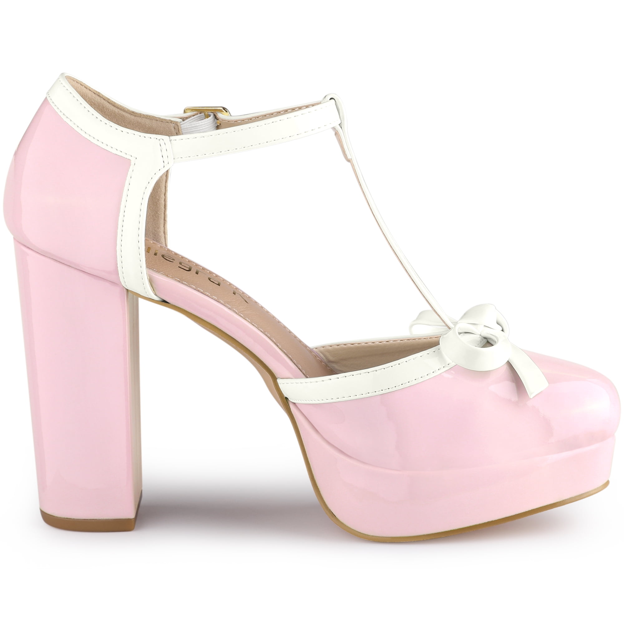 DARING DIVA Women's Platform Bow T Strap Chunky Heels Pumps Pink 9