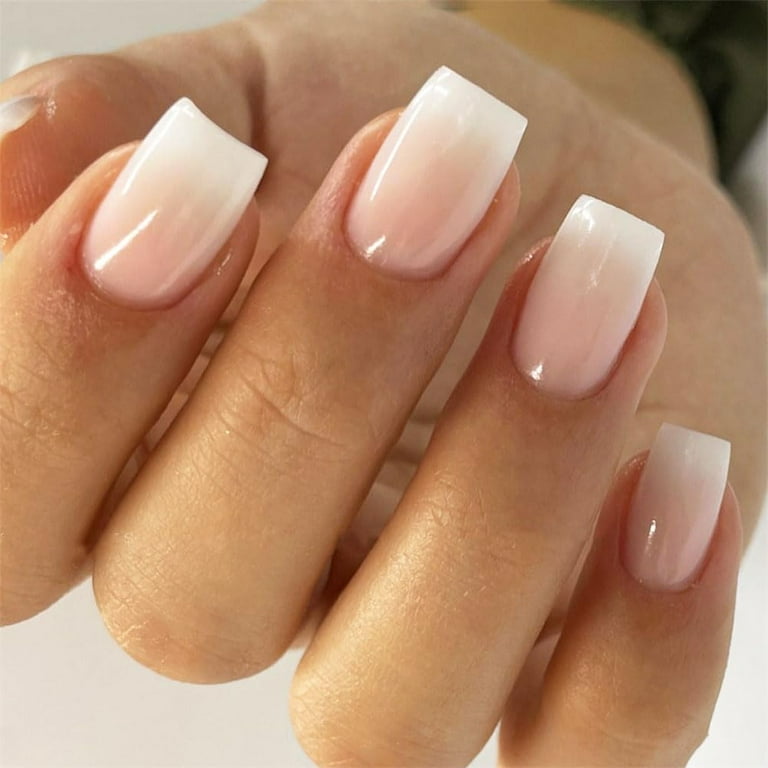 Ombre Pink White Press on Nails Short Square Fake Glue on Nails with Ombre Design for Women Girls Full Cover Artificial Acrylic False Stick on Nail