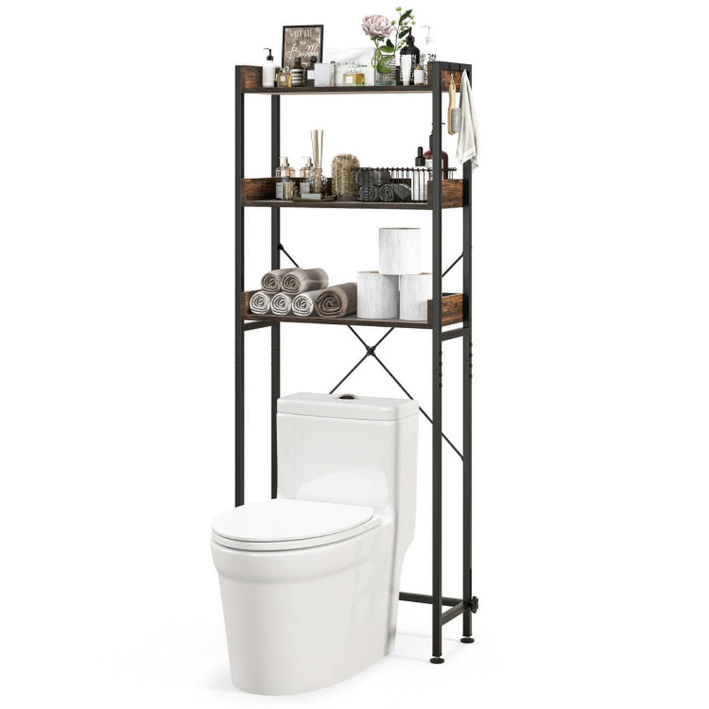 Finihen Toilet Storage Rack, Toilet Storage Shelf, Over The Toilet Storage Rack with Hooks and Adjustable Bottom Bar, for Bathroom, Rustic Brown