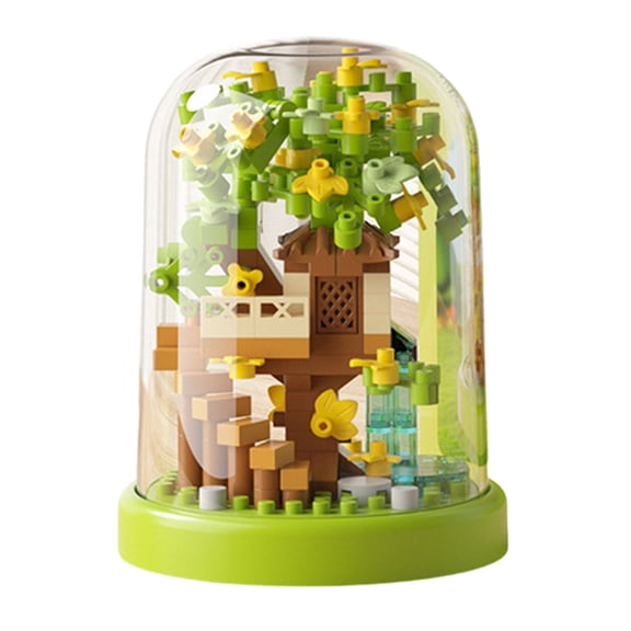Bonsai Tree House Building Blocks Set, 182 Pcs Micro-Particle Flowers & Tree Building Toy with String Lights, Wooden Base & Dust Cover - Creative DIY Home Decor Gift