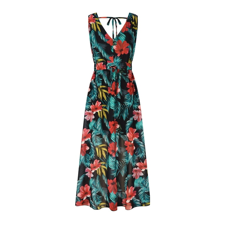 Bidobibo Womens Summer Maxi Dresses Tropical Print Beach Dresses V-Neck  Sleeveless High Waist Lace up Flowy Maxi Dress Sundress - Walmart.com